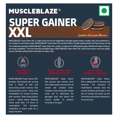 MuscleBlaze Super Gainer XXL, For Muscle Mass Gain (Cookies & Cream, 1 kg / 2.2 lb, 10 Servings)