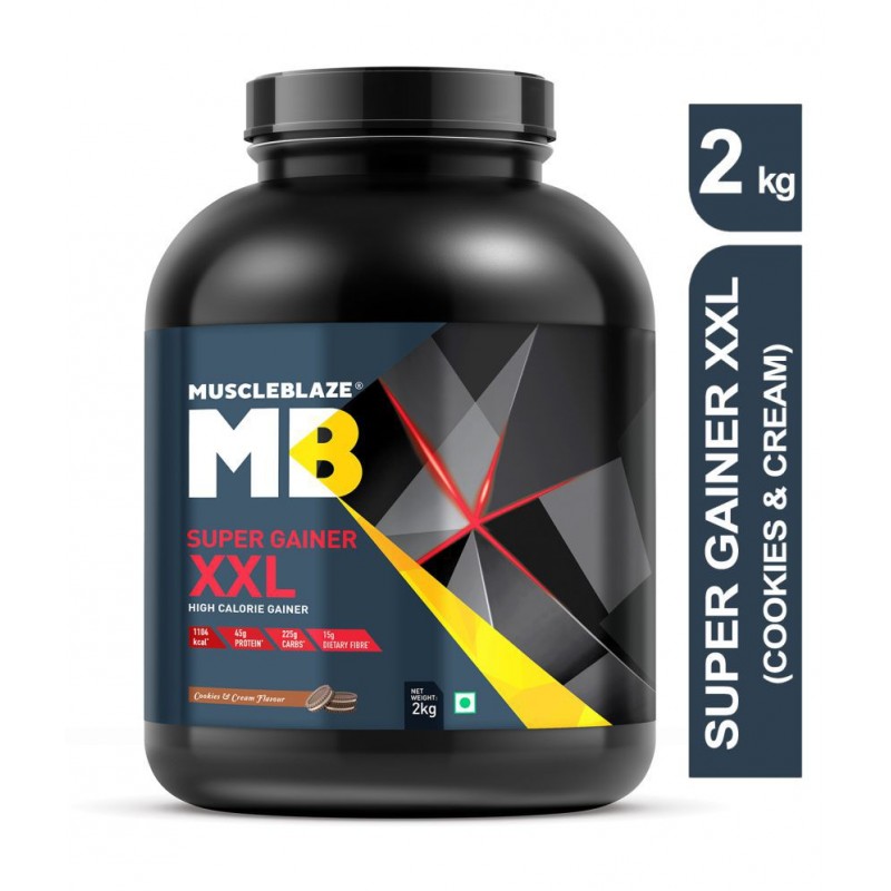 MuscleBlaze Super Gainer XXL, For Muscle Mass Gain (Cookies & Cream, 2 kg / 4.4 lb, 20 Servings)