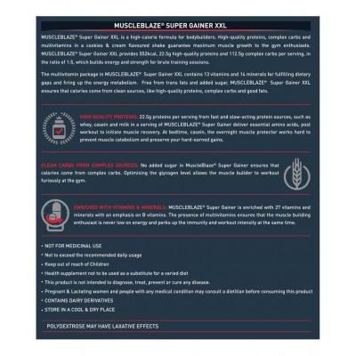 MuscleBlaze Super Gainer XXL, For Muscle Mass Gain (Cookies & Cream, 3 kg / 6.6 lb, 30 Servings)