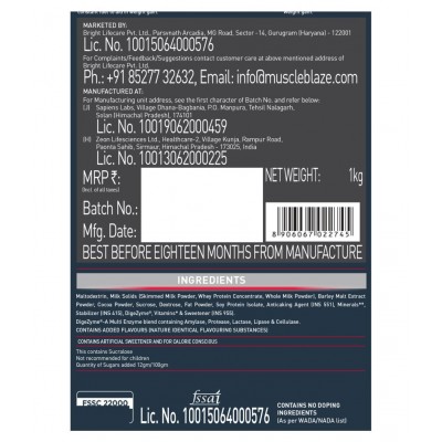 MuscleBlaze Weight Gainer with Added Digezyme (Chocolate, 1 kg / 2.2 lb, 10 Servings)