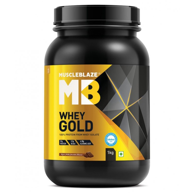 MuscleBlaze Whey Gold, 100% Whey Protein Isolate, Labdoor USA Certified (Rich Milk Chocolate, 1 kg / 2.2 lb, 33 Servings)