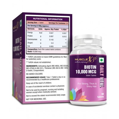MuscleXP Biotin 10,000 mcg - Maximum Strength with No Added Colors, 90 Tablets