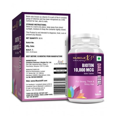 MuscleXP Biotin 10,000 mcg - Maximum Strength with No Added Colors, 90 Tablets
