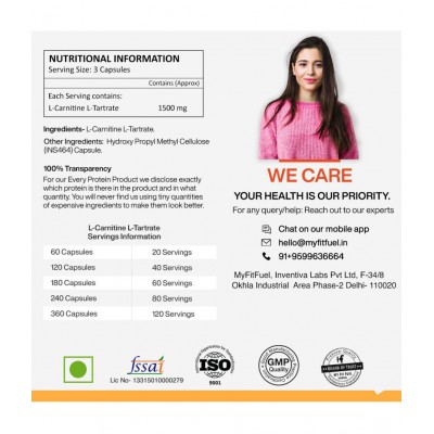 MyFitFuel L-Carnitine L-Tartrate (1500mg) Weight Management 120 no.s Fat Burner Capsule