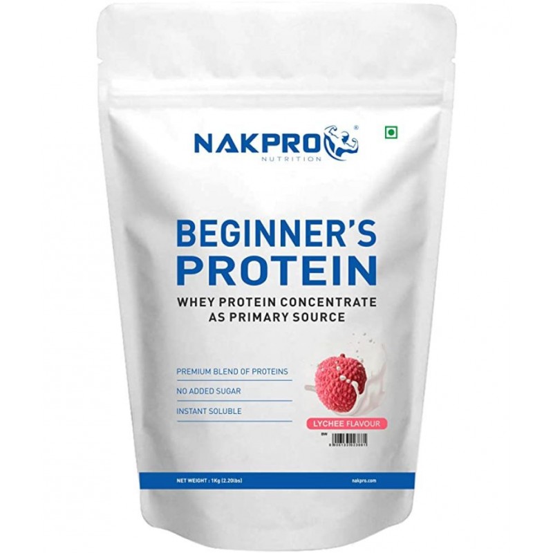 NAKPRO BEGINNER'S Whey Protein Concentrate, Instant Soluble (60 Servings) Whey Protein Powder (2 kg, Lychee)