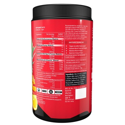 NATURYZ Surge 4X PreWorkout, 4000 BetaAlanine, L-Citrulline, Creatine, L- Arginine for Pump, Energy, Muscle gain- 400grams(Mix fruit)