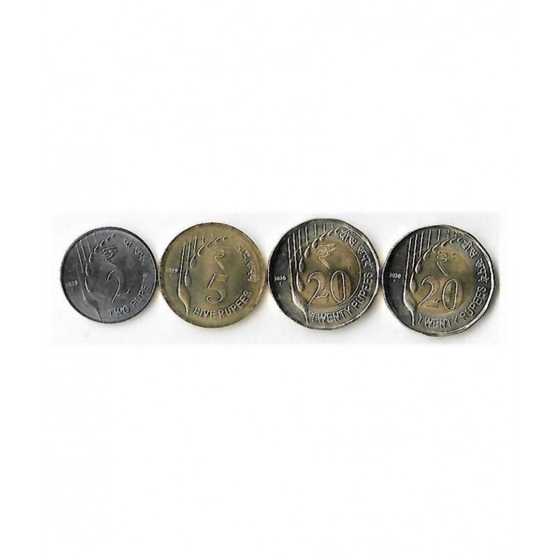 NEW DESIGN FOUR COINN SET ,VERY HARD TO FIND TOO EARLY IN CIRCULATION RUPEES- 2-5-20-20 FOUR COIN SET TWENTY RUPEES ARE BOTH BOMBAY AND NOIDA MINT IN UNC CONDITION COINN ,GEM FOR COLLECTOR ,PLEASE DONT PLACE FAKE ORDER.