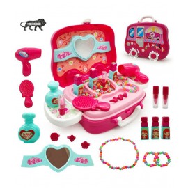 NHR Beauty Make up case and Cosmetic Set Wheel Suitcase with Makeup Accessories for Kids Girls (18 Pieces, Pink)
