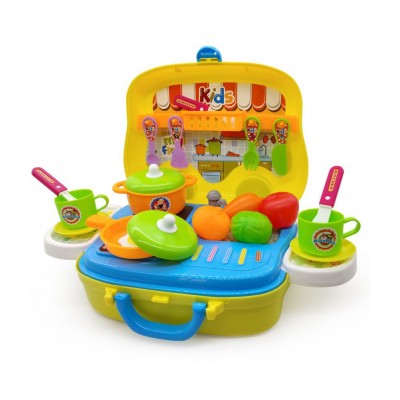 NHR Plastic Pretend Play Carry Along Kitchen Food Play Set with Wheel Suitcase and Stickers for Girls (26 Pieces, Multicolor)