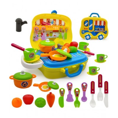 NHR Plastic Pretend Play Carry Along Kitchen Food Play Set with Wheel Suitcase and Stickers for Girls (26 Pieces, Multicolor)