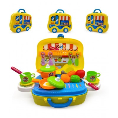 NHR Plastic Pretend Play Carry Along Kitchen Food Play Set with Wheel Suitcase and Stickers for Girls (26 Pieces, Multicolor)