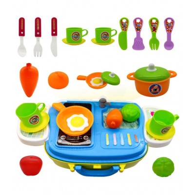NHR Plastic Pretend Play Carry Along Kitchen Food Play Set with Wheel Suitcase and Stickers for Girls (26 Pieces, Multicolor)
