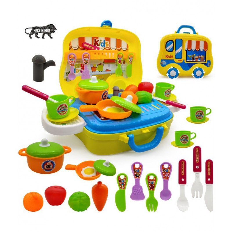 NHR Plastic Pretend Play Carry Along Kitchen Food Play Set with Wheel Suitcase and Stickers for Girls (26 Pieces, Multicolor)