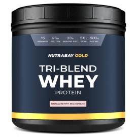 NUTRABAY Gold Tri Blend Whey Protein Powder (Hydrolyzed, Isolate & Concentrate) - 25g Protein, 5.6g BCAA, 4.2g Glutamic Acid- 500g, Strawberry Milkshake (15 Servings)