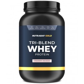 NUTRABAY Gold Tri Blend Whey Protein Powder (Hydrolyzed, Isolate & Concentrate) - 25g Protein, 5.6g BCAA, 4.2g Glutamic Acid- 1Kg, Strawberry Milkshake (30 Servings)