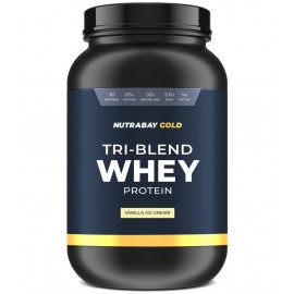 NUTRABAY Gold Tri Blend Whey Protein Powder (Hydrolyzed, Isolate & Concentrate) - 25g Protein, 5.6g BCAA, 4.2g Glutamic Acid- 1Kg, Vanilla Ice Cream (30 Servings)