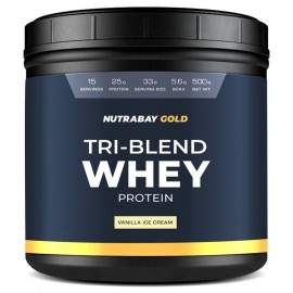 NUTRABAY Gold Tri Blend Whey Protein Powder (Hydrolyzed, Isolate & Concentrate) - 25g Protein, 5.6g BCAA, 4.2g Glutamic Acid- 500g, Vanilla Ice Cream (15 Servings)