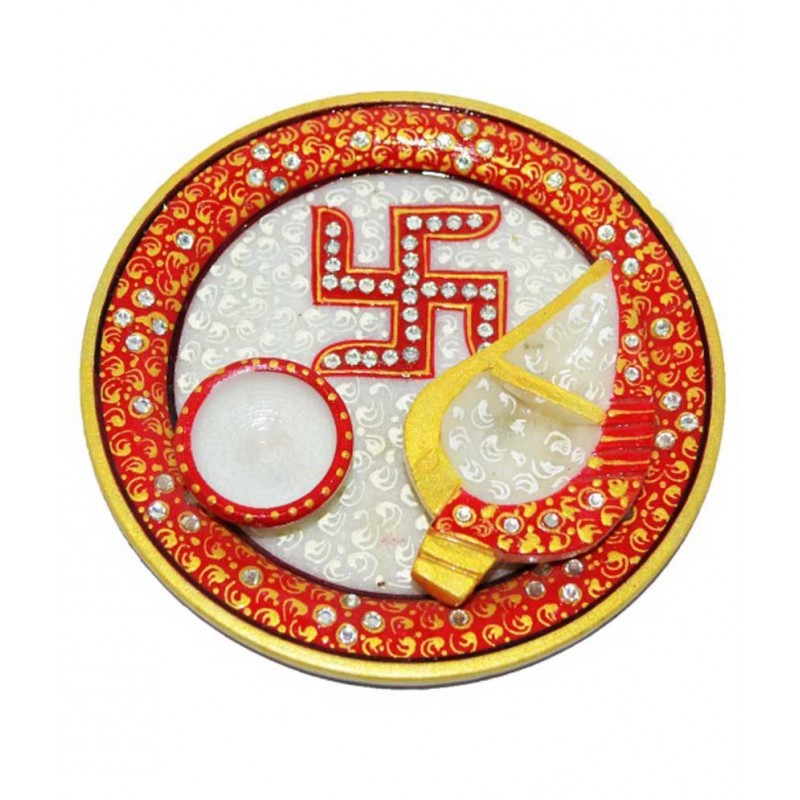 Naveen Handicraft Combo Of White Marble Pooja Thali, Tilak Tray And Bowl