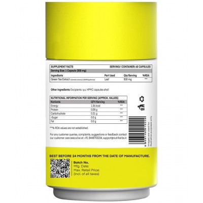 Nutriherbs Green Tea Extract 500mg Antioxidant Supplement -  60 Capsules | For Weight Management