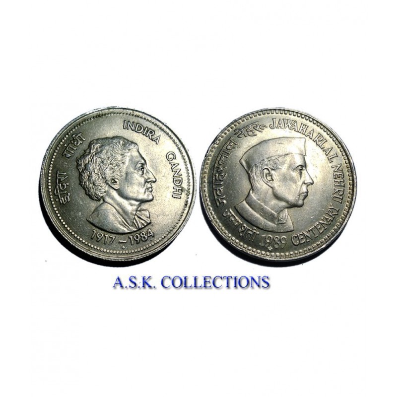 OLD 5 RUPEE COMBO 2 COINS INDIRA NEHRU COPPER_NICKEL SET
