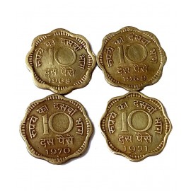 OLD RARE 10 PAISE 4 COINS SET YEAR 1986, 69, 70, 72 FOR COLLECTION
