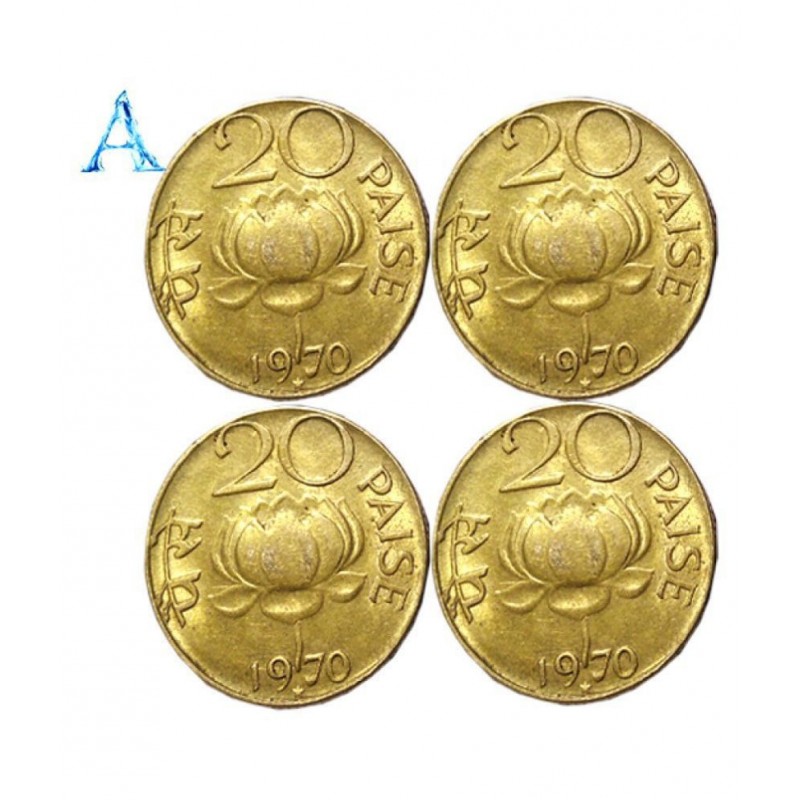 OLD RARE 20 PAISE LOTUS 4 COINS SET YEAR 1968, 69, 70, 71