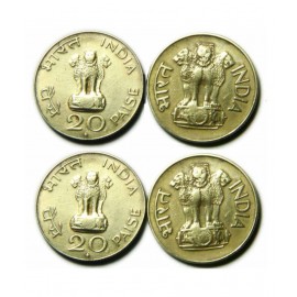 OLD RARE 20 PAISE NICKEL_BRASS 4 COINS SET 2 PCS LOTUS 2 PCS GANDHIJI