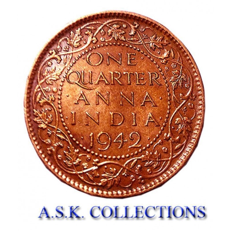OLD RARE GEORGE VI KING EMPEROR 1942 QUARTER ANNA COIN, GOOD CONDITION