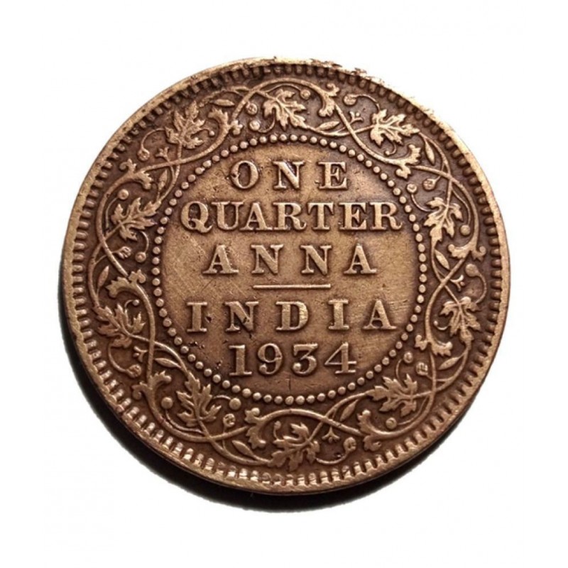 Old Rare One Quarter Anna Year 1934 George V King Emperor Coin