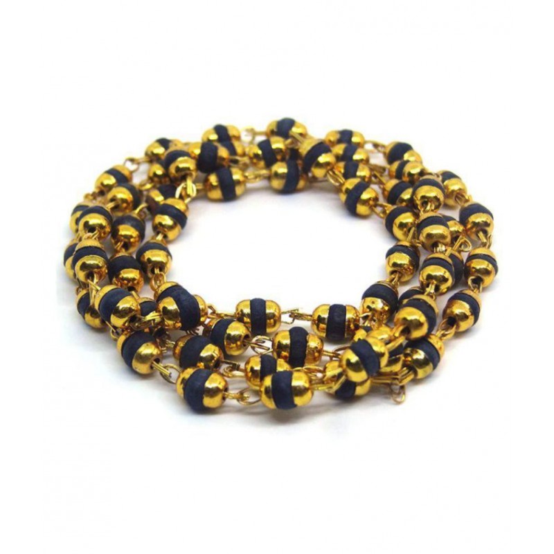 PAYSTORE 100% Original Black Tulsi Beads Mala in Brass Made Golden Self Design Caps