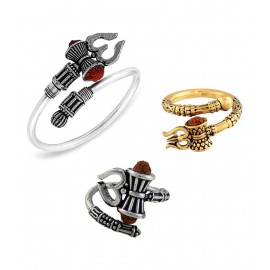 PAYSTORE Adjustable Stylish Trending Rudraksh Oxidized Shiv Mahakal Trishul Damru Designer Bahubali Cuff Kada Wrist Band Bracelet and Finger Ring Combo for Men and Women (Free Size)