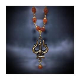 PAYSTORE Agate Golden Gold-Plated Brass, Wood Lord Shiv Trishul Locket with Panchmukhi Rudraksha Mala