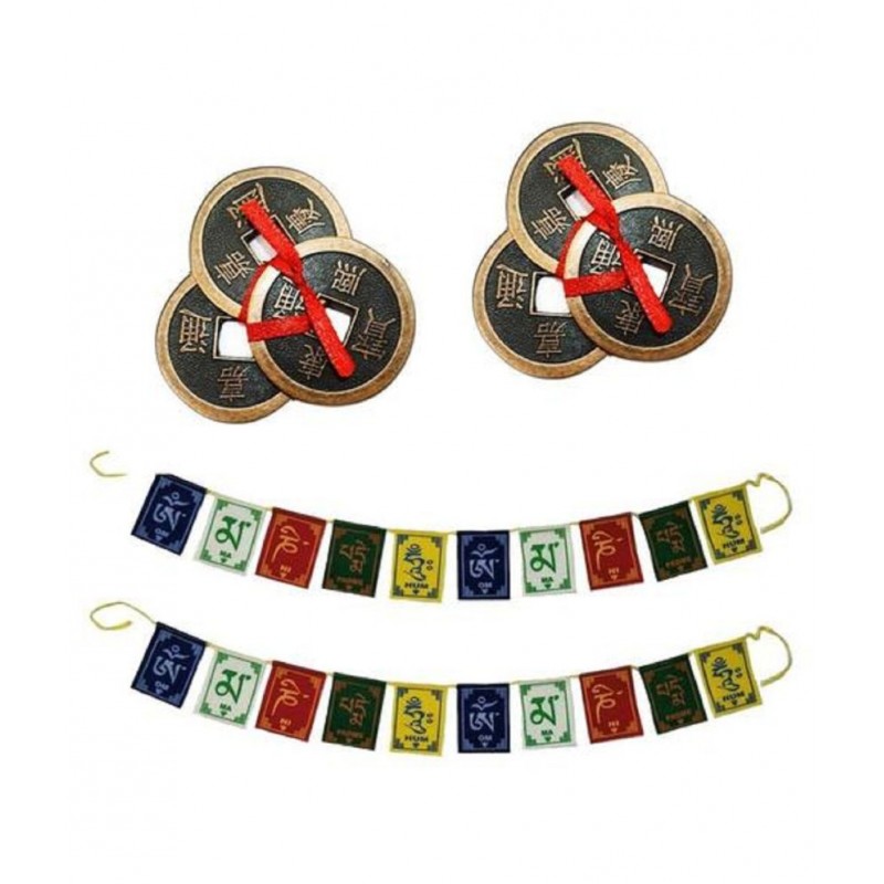 PAYSTORE COMBO OF 2 FENG SHUI THREE LUCKY CHINESE 2" COINS WITH RED RIBBON FOR MONEY, WEALTH & 2 TIBETAN BUDDHIST OM MANI PADME HUM POSITIVE VIBES PRAYER FLAGS