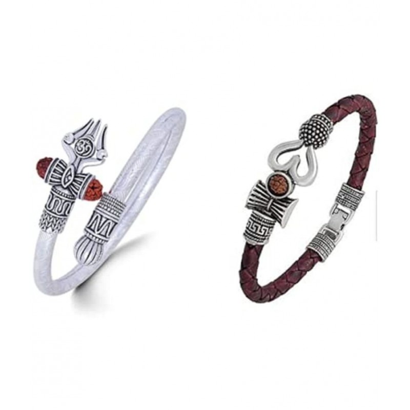 PAYSTORE Combo Trishul Damru OM Rudraksha Leather and Pure Brass Copper Silver Plated Mahadev Shiva Bhakt Bahubali Navaratri Special Bracelet for Men & Women(Set of-2 Kada and Bracelet-Silver) PAYSTORE Combo Trishul Damru OM Rudraksha Leather and Pure Brass Copper Silver Plated Mahadev Shiva Bhakt Bahubali Navaratri Special Bracelet for Men & Women(Set of-2 Kada and Bracelet-Silver)