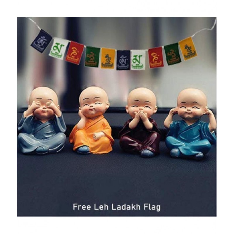 PAYSTORE Combo of  Fabric Rise Free Leh Ladakh Flag, with Cute Small Kung Fu Laughing Buddha Statue Straw Hat for Car Dashboard, Home Decor, Set of 4 Monks PAYSTORE Combo of  Fabric Rise Free Leh Ladakh Flag, with Cute Small Kung Fu Laughing Buddha Statue Straw Hat for Car Dashboard, Home Decor, Set of 4 Monks