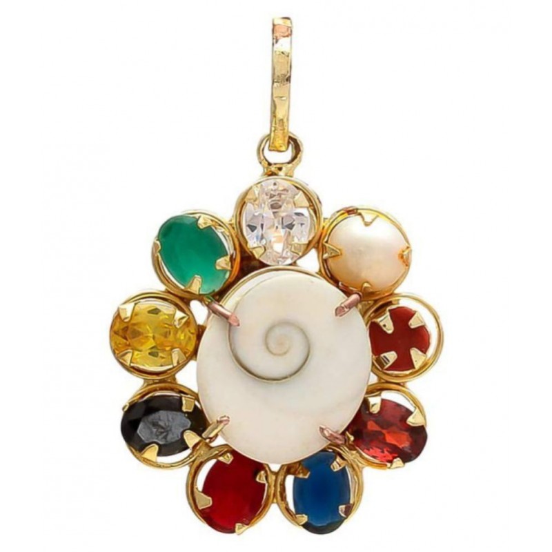 PAYSTORE Navratna/Navratan Pendant With Gomti Chakra In The Centre For Health,Wealth & Good Fortune (1 Pc) Gold-plated Crystal Metal Pendant