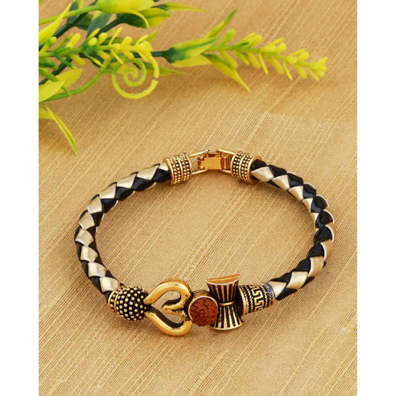 PAYSTORE OM Trishul Damroo Designer Oxidized Gold Bahubali Leather Kada Bracelet EXCLUSIVE ADDITION PAYSTORE OM Trishul Damroo Designer Oxidized Gold Bahubali Leather Kada Bracelet EXCLUSIVE ADDITION