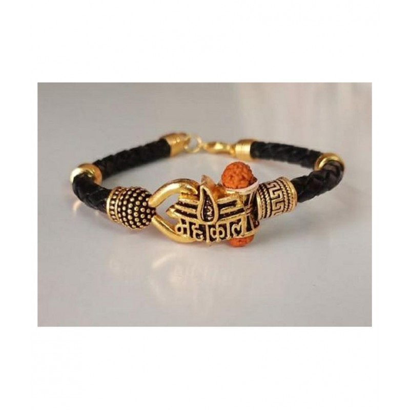 PAYSTORE OM Trishul Design Mahakal Shiva GOLDr Plated Leather Bahubali Bracelet Kada