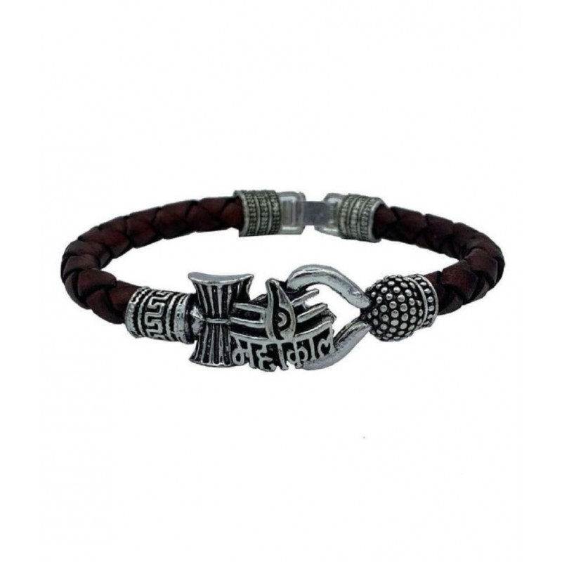 PAYSTORE OM Trishul Design Mahakal Shiva Silver Plated Leather Bahubali Bracelet Kada
