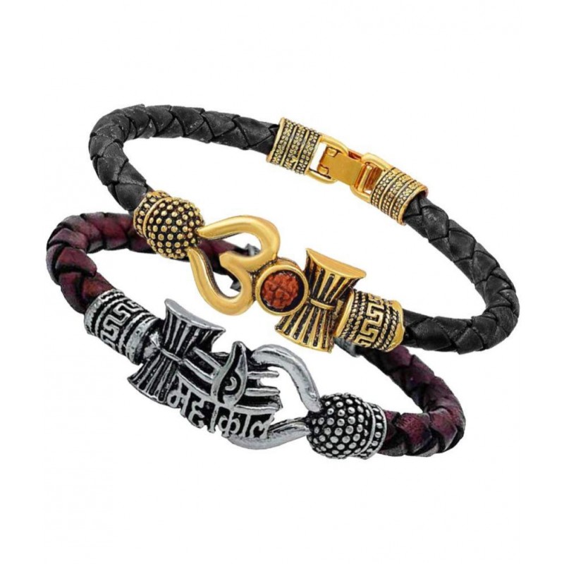 PAYSTORE One Sided Mahakal Trishul Rudraksha Beads Silver Plated Genuine Leather Black Dyed Rope Wrist Band/Belt Bahubali Kada Combo Bracelet Cum Rakhi for Men/Women PAYSTORE One Sided Mahakal Trishul Rudraksha Beads Silver Plated Genuine Leather Black Dyed Rope Wrist Band/Belt Bahubali Kada Combo Bracelet Cum Rakhi for Men/Women