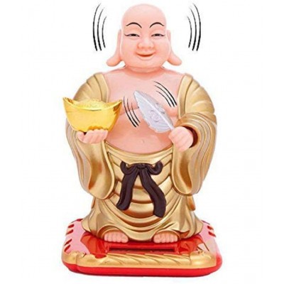PAYSTORE Plastic Solar Laughing Buddha Holding Ingot & Waving Fan and Moving Head Idol for Health Wealth & Prosperity (Medium , Gold ) PAYSTORE Plastic Solar Laughing Buddha Holding Ingot & Waving Fan and Moving Head Idol for Health Wealth & Prosperity (Medium , Gold )