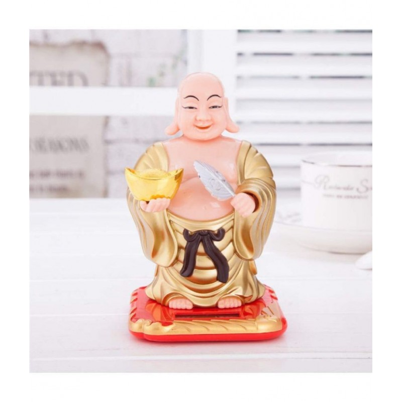 PAYSTORE Plastic Solar Laughing Buddha Holding Ingot & Waving Fan and Moving Head Idol for Health Wealth & Prosperity (Medium , Gold ) PAYSTORE Plastic Solar Laughing Buddha Holding Ingot & Waving Fan and Moving Head Idol for Health Wealth & Prosperity (Medium , Gold )