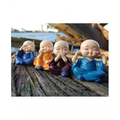 PAYSTORE Polyresin Baby Monk Buddha Laughing Statue Handcrafted Cute Child Showpiece for Home Decor and | (Multicolour) - Set of 4