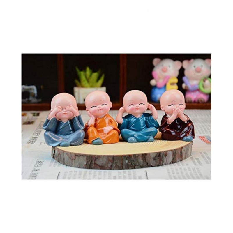 PAYSTORE Polyresin Baby Monk Buddha Laughing Statue Handcrafted Cute Child Showpiece for Home Decor and | (Multicolour) - Set of 4