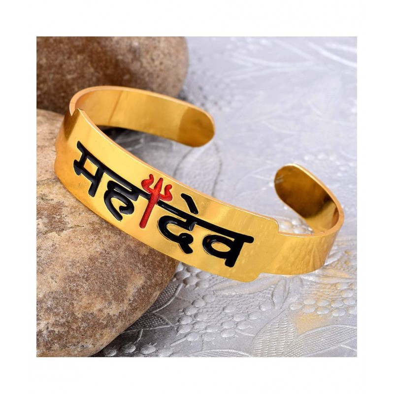 PAYSTORE Pure Brass Gold Plated Handcrafted Shiva/Mahadev/महादेव Trishul Bahubali Kada Free Size Bracelet Cuff Hand held Kada Spiritual Jewellery for Men/Women