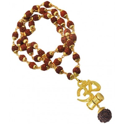 PAYSTORE Religious Om Damaru Locket With Gold Plated Cap Panchmukhi Rudraksha Mala Gold And Brown Brass And Wood Religious Jewellery Pendant Necklace Chain For Men And Women