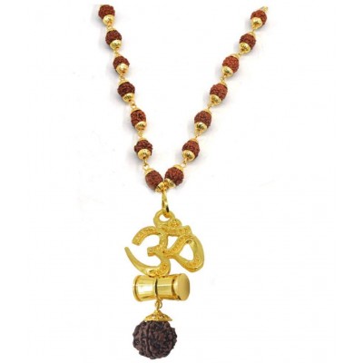 PAYSTORE Religious Om Damaru Locket With Gold Plated Cap Panchmukhi Rudraksha Mala Gold And Brown Brass And Wood Religious Jewellery Pendant Necklace Chain For Men And Women