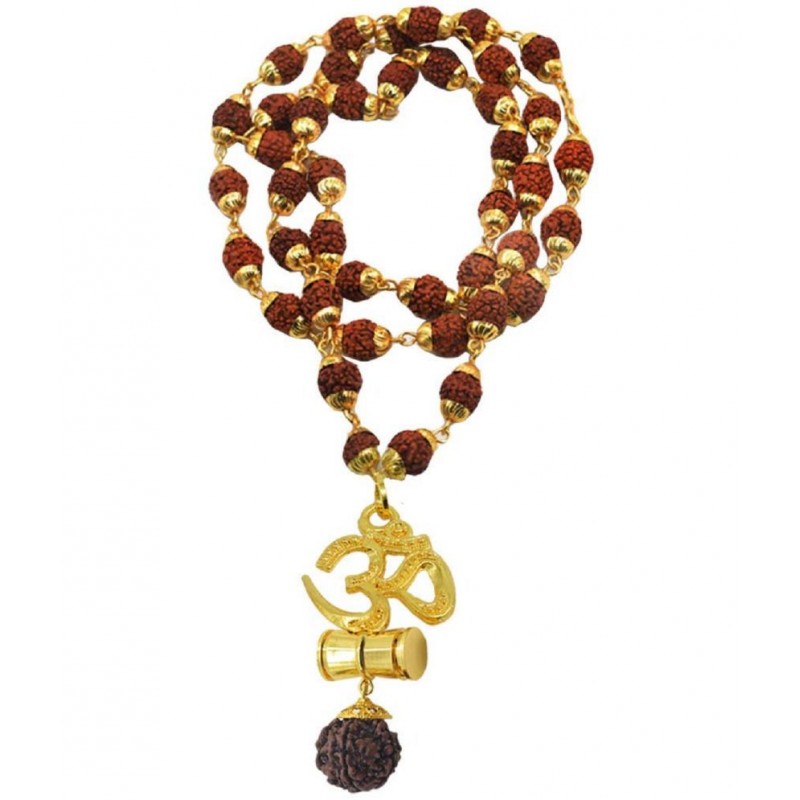 PAYSTORE Religious Om Damaru Locket With Gold Plated Cap Panchmukhi Rudraksha Mala Gold And Brown Brass And Wood Religious Jewellery Pendant Necklace Chain For Men And Women