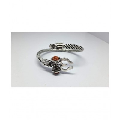 PAYSTORE Silver Oxidized Shiva Trishul Rudraksha Damru Kada Bracelet Bangle for Men and Boys Silver Trishul Damroo Designer Kada Bracelet Bangle for Women and Men (Flexible)
