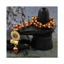 PAYSTORE Sun Shape Shiv Mahadev Damaru Locket With Gold Cap Panchmukhi Rudraksha Mala Gold-plated